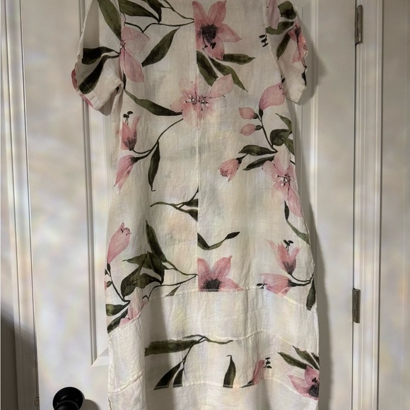 LUNGO L’ARNO ITALY Casual Pink and Green Linen Floral Midi Sundress - Picture 6 of 6